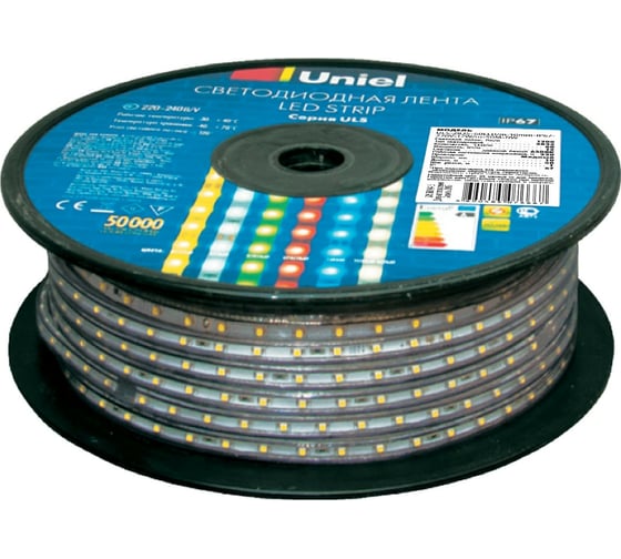 Светодиодная лента Uniel 120LED/m-10mm-IP67-220V-10W/m-50M-4000K бобина ULS-2835 UL-00006481