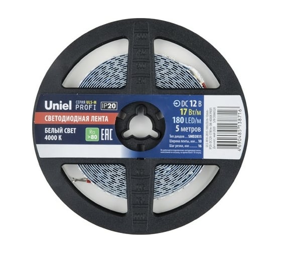 Светодиодная лента Uniel 2835-180LED/m-10mm-IP20-DC12V-17W/m-5M-4000K PROFI катушка в герметичной упаковке UL-00007640