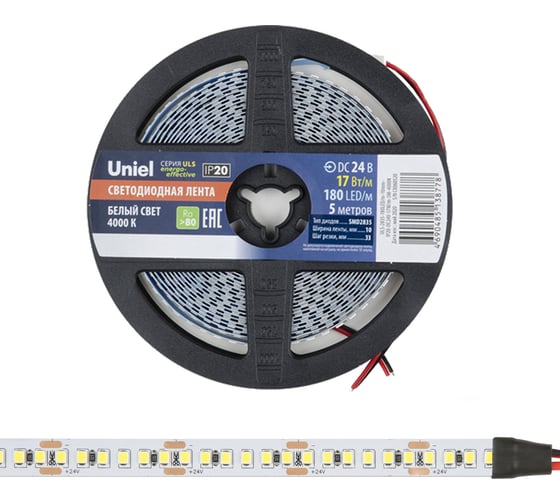 Светодиодная лента Uniel 180LED/m-10mm-IP20-DC24V-17W/m-5M-4000K катушка в герметичной упаковке UL-00007643