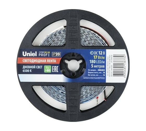 Светодиодная лента Uniel 2835-180LED/m-10mm-IP20-DC12V-17W/m-5M-6500K PROFI катушка в герметичной упаковке UL-00007641