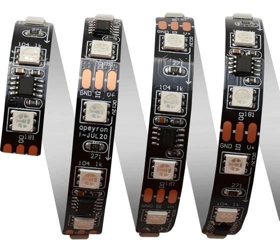 Комплект цифровой светодиодной ленты Apeyron 12В, 14,4Вт/м, smd5050, 60д/м, IP20, подложка 10мм/черная, 5м, rgb 83ЦЛ