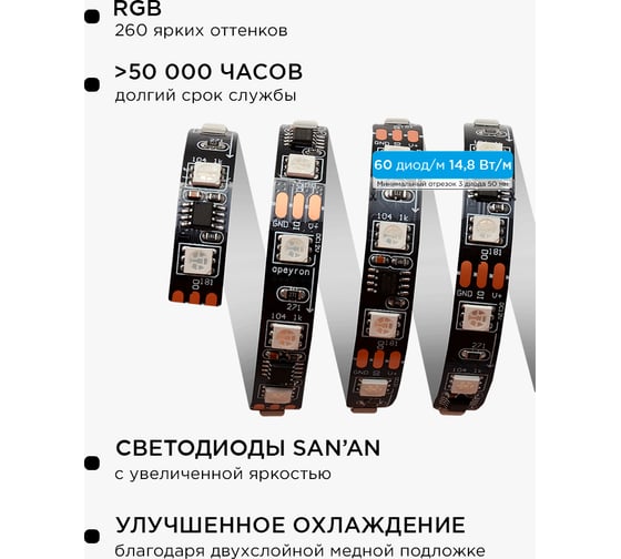 Комплект цифровой светодиодной ленты Apeyron 12В, 14,4Вт/м, smd5050, 60д/м, IP20, подложка 10мм/черная, 5м, rgb 83ЦЛ