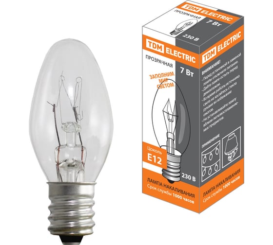 Лампа накаливания TDM ELECTRIC Свеча мини, прозрачная 7 Вт, 230 В, 50 Гц, Е12 SQ0332-0054 1