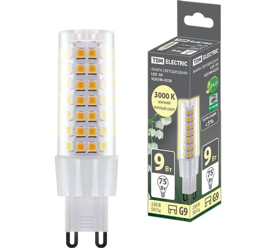 Светодиодная лампа TDM ELECTRIC G9, 9 Вт, 230 В, 3000 К, SMD, 21,5x70,5 мм SQ0340-0228