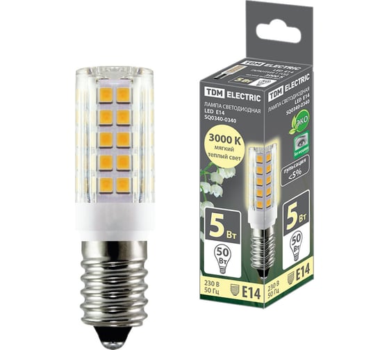 Светодиодная лампа TDM ELECTRIC Е14, 5 Вт, 230 В, 3000 К, SMD, 16x54 мм SQ0340-0340