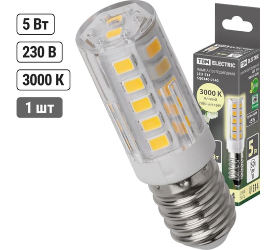 Светодиодная лампа TDM ELECTRIC Е14, 5 Вт, 230 В, 3000 К, SMD, 16x54 мм SQ0340-0340