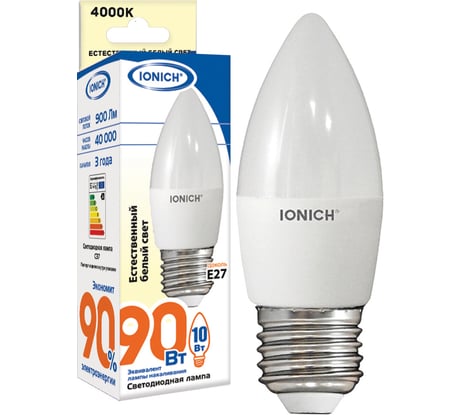 Светодиодная лампа IONICH Свеча ILED-SMD2835-C37-10Вт-900Лм-230В-2700К-E27 1800