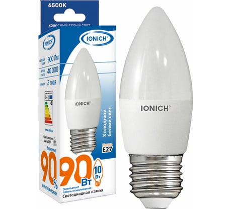 Светодиодная лампа IONICH Свеча ILED-SMD2835-C37-10Вт-900Лм-230В-6500К-E27 1801