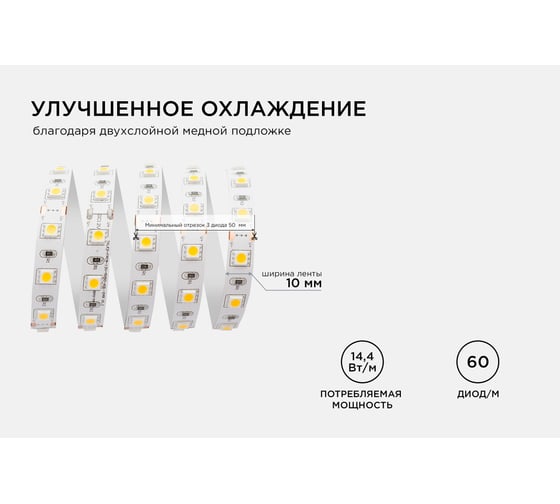 Светодиодная лента Apeyron в блистере, 1м 12В,14,4Вт/м, smd5050, 60д/м, IP20, 700Лм/м, подложка 10мм, дневной белый 224BL