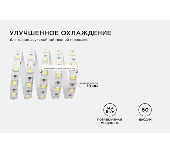 Светодиодная лента Apeyron в блистере, 2м 12В, 14,4Вт/м, smd5050, 60д/м, IP20, 700Лм/м, подложка 10мм, холодный белый 228BL