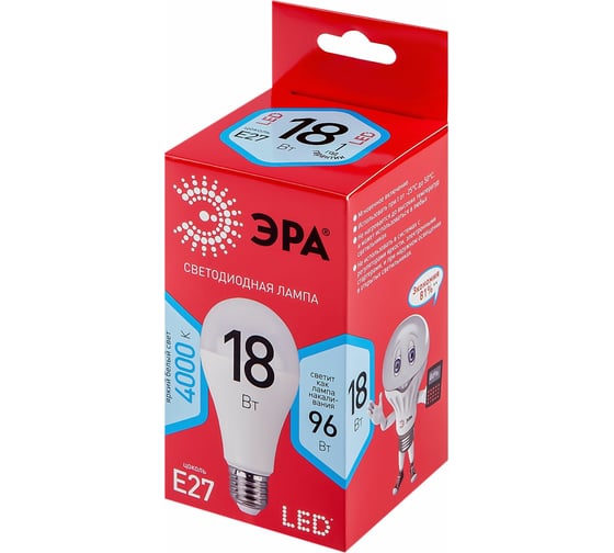 Светодиодная лампочка ЭРА RED LINE LED A65-18W-840-E27 R 18 Вт груша нейт, белый свет Б0052381