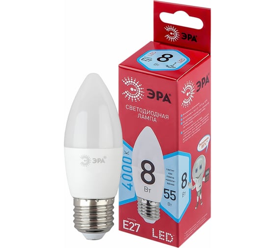 Светодиодная лампочка ЭРА RED LINE LED B358W840E27 R E27 / Е27 8 Вт свеча белый свет Б0050695