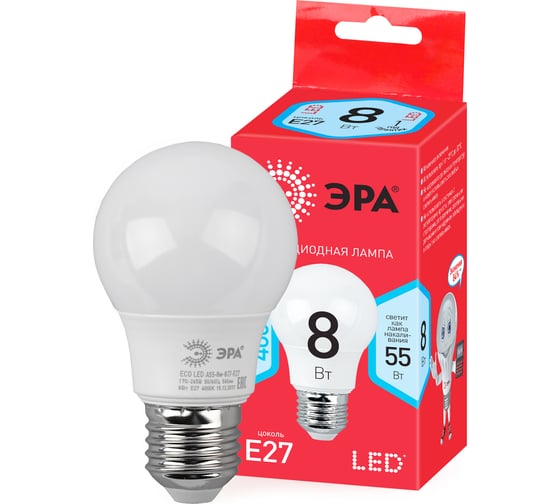 Светодиодная лампочка ЭРА RED LINE LED A55-8W-840-E27 R E27 8Вт нейтральный белый свет Б0052382