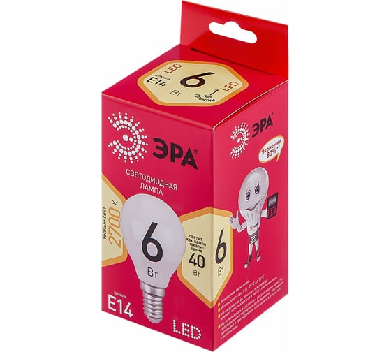 Светодиодная лампочка ЭРА RED LINE LED P45-6W-827-E14 R Е14 / E14 6 Вт теплый белый свет Б0051058