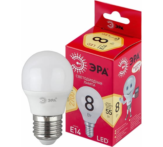Светодиодная лампочка ЭРА RED LINE LED P45-8W-827-E14 R Е14 / E14 8 Вт шар теплый белый Б0050697