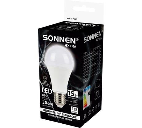 Лампа светодиодная SONNEN EXTRA 15 (130) Вт Е27 груша нейтральный белый LED A60-15W-4000-Е27, 457897
