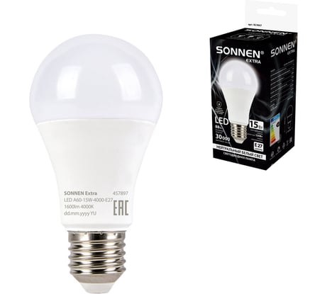 Лампа светодиодная SONNEN EXTRA 15 (130) Вт Е27 груша нейтральный белый LED A60-15W-4000-Е27, 457897