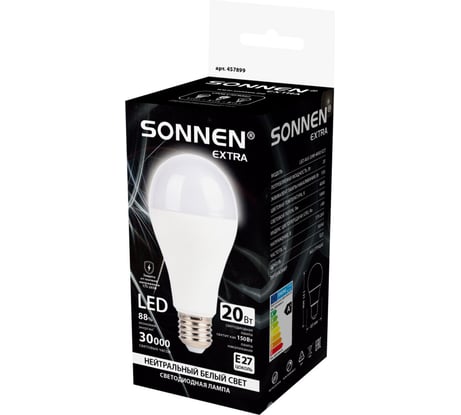 Лампа светодиодная SONNEN EXTRA 20 (150) Вт Е27 груша нейтральный белый LED A65-20W-4000-Е27, 457899