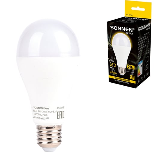 Лампа светодиодная SONNEN EXTRA 20 (150) Вт Е27 груша теплый белый LED A65-20W-2700-Е27, 457898