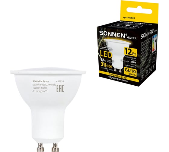 Лампа светодиодная SONNEN EXTRA 12 (110) Вт GU10 теплый белый LED GU10-12W-2700, 457928