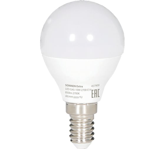 Лампа светодиодная SONNEN EXTRA 10 (85) Вт E14 шар теплый белый LED G45-10W-2700-Е14, 457909