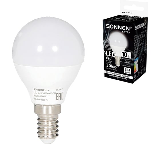 Лампа светодиодная SONNEN EXTRA 10 (85) Вт E14 шар нейтральный белый LED G45-10W-4000-Е14, 457910