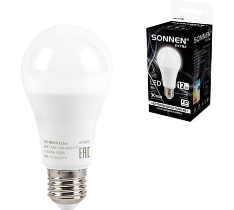 Лампа светодиодная SONNEN EXTRA 12 (100) Вт Е27 груша нейтральный белый LED A60-12W-4000-Е27, 457895
