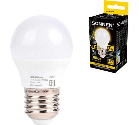 Лампа светодиодная SONNEN EXTRA 7 (60) Вт E27 шар теплый белый LED G45-7W-2700-Е27, 457911