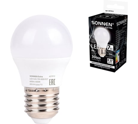 Лампа светодиодная SONNEN EXTRA 7 (60) Вт E27 шар нейтральный белый LED G45-7W-4000-Е27, 457912