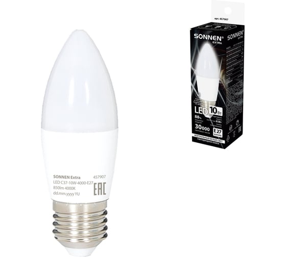 Лампа светодиодная SONNEN EXTRA 10 (85) Вт Е27 свеча нейтральный белый LED C37-10W-4000-Е27, 457907