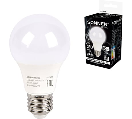 Лампа светодиодная SONNEN EXTRA 10 (85) Вт Е27 груша нейтральный белый LED A60-10W-4000-Е27, 457892