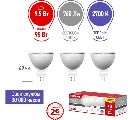 Светодиодная лампа REXANT 3 шт Рефлекторная 9.5 Вт GU5.3 2700 K нейтральный свет 604-051-3