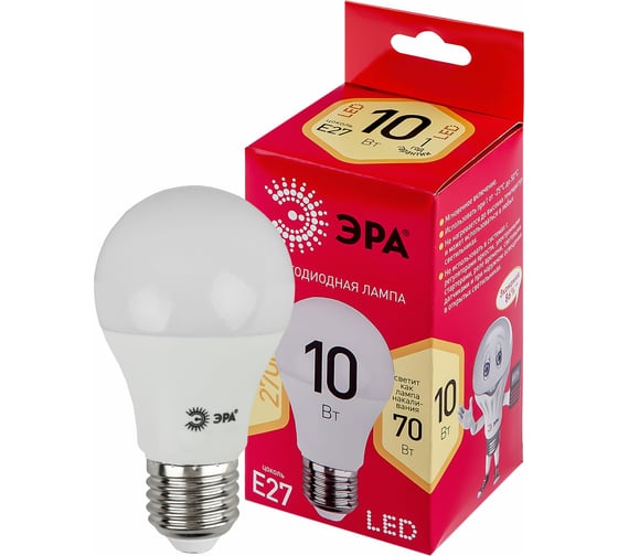 Светодиодная лампа ЭРА LED A60-10W-827-E27 R диод, груша, 10Вт, теплый свет, E27 Б0049634