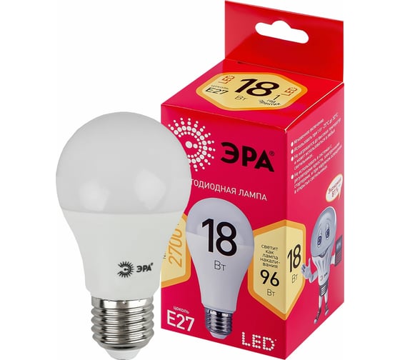Светодиодная лампа ЭРА LED A65-18W-827-E27 R диод, груша, 18Вт, теплый свет, E27 10/100/1200 Б0051850