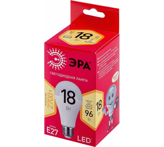 Светодиодная лампа ЭРА LED A65-18W-827-E27 R диод, груша, 18Вт, теплый свет, E27 10/100/1200 Б0051850
