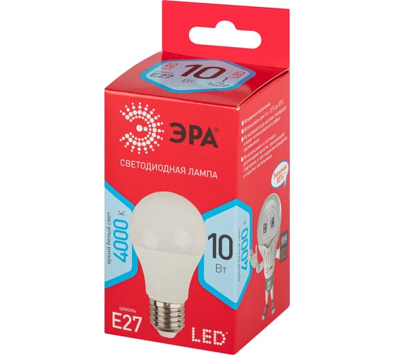 Светодиодная лампа ЭРА LED A60-10W-840-E27 R диод, груша, 10Вт, нейтральный свет, E27 10/100/2000 Б0049635