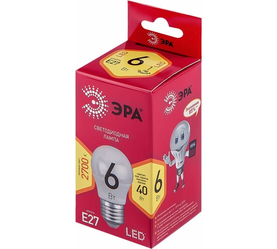 Светодиодная лампа ЭРА LED P45-6W-827-E27 R диод, шар, 6Вт, теплый свет, E27 Б0049643
