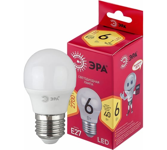Светодиодная лампа ЭРА LED P45-6W-827-E27 R диод, шар, 6Вт, теплый свет, E27 Б0049643