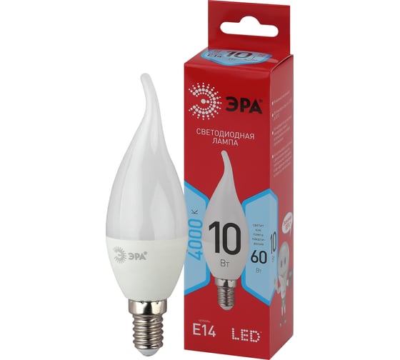 Светодиодная лампа ЭРА LED BXS-10W-840-E14 R диод, свеча на ветру, 10Вт, нейтральный свет, E14 10/100/2800 Б0051849