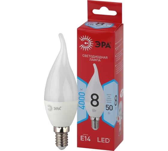 Светодиодная лампа ЭРА LED BXS-8W-840-E14 R диод, свеча на ветру, 8Вт, нейтральный свет, E14 10/100/2800 Б0051848