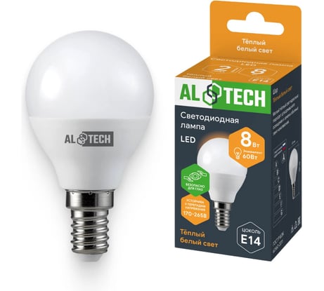 Лампочка светодиодная ALTECH LED G45-8W-830-Е14 8Вт шарик теплый белый свет 4673758070937