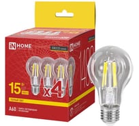 Лампа светодиодная IN HOME LED-A60-deco 4PACK 15Вт 230В Е27 3000К 1480Лм (4шт./упаковка) прозрачная 4690612063201