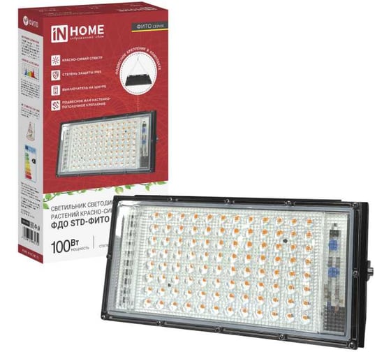 Прожектор светодиодный IN HOME ФДО STD-ФИТО красно-синий спектр, 100Вт, IP65, черный 4690612065052 1