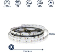 Светодиодная лента 12В 2835(60LED) IP20 4,8Вт 6000К 5м СириусА SLS-12V-IP20-4,8W-2835-6K-5m