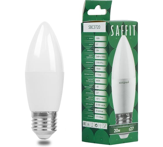 Лампа светодиодная SAFFIT SBC3720 Свеча E27 20W 230V 6400K, 55271 1