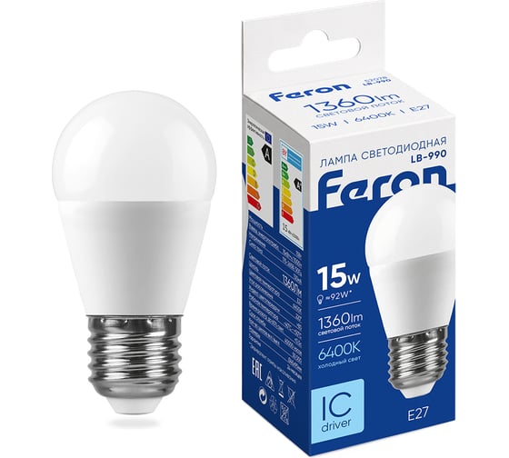 Лампа светодиодная FERON LB-990 шарик, E27, 15W, 175-265V, 6400K 52078