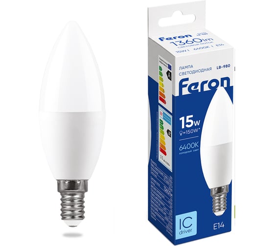 Лампа светодиодная FERON LB-980 свеча, E14, 15W, 175-265V, 6400K 52074