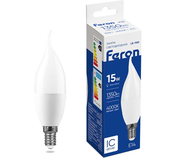 Лампа светодиодная FERON LB-980 свеча на ветру, E14, 15W, 175-265V, 4000K 52075