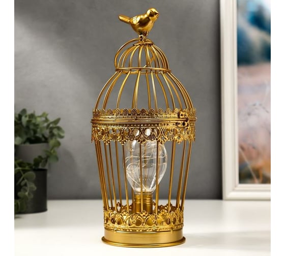 Ночник RISALUX "Клетка с птичкой" LED от батареек 3хААА золото 15х15х33 см 5399724 1