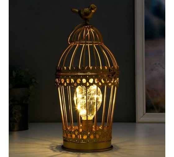 Ночник RISALUX "Клетка с птичкой" LED от батареек 3хААА золото 15х15х33 см 5399724